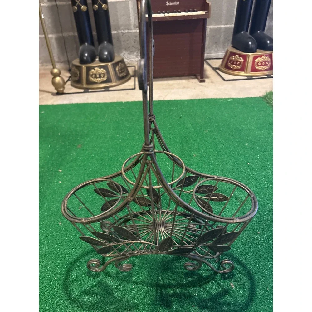 Vintage Bronze Metal Leaf Wire Wine Bottle and Glass Holder Caddy accommodates 3
